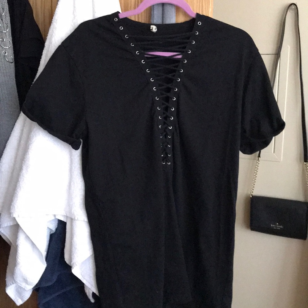 Black lace up lf shirt dress